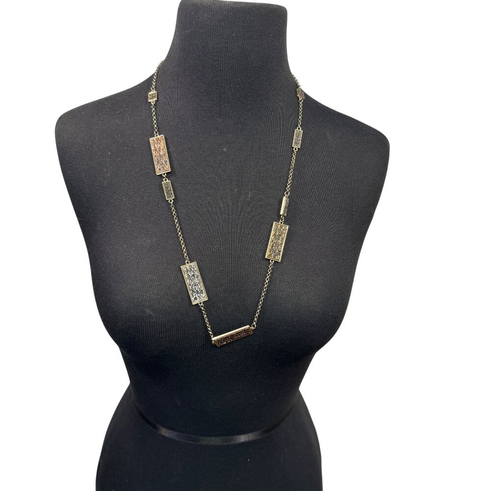 Gold Chain Rectangle Pendant Long Necklace Multicolor Textured Design Lobster Cl